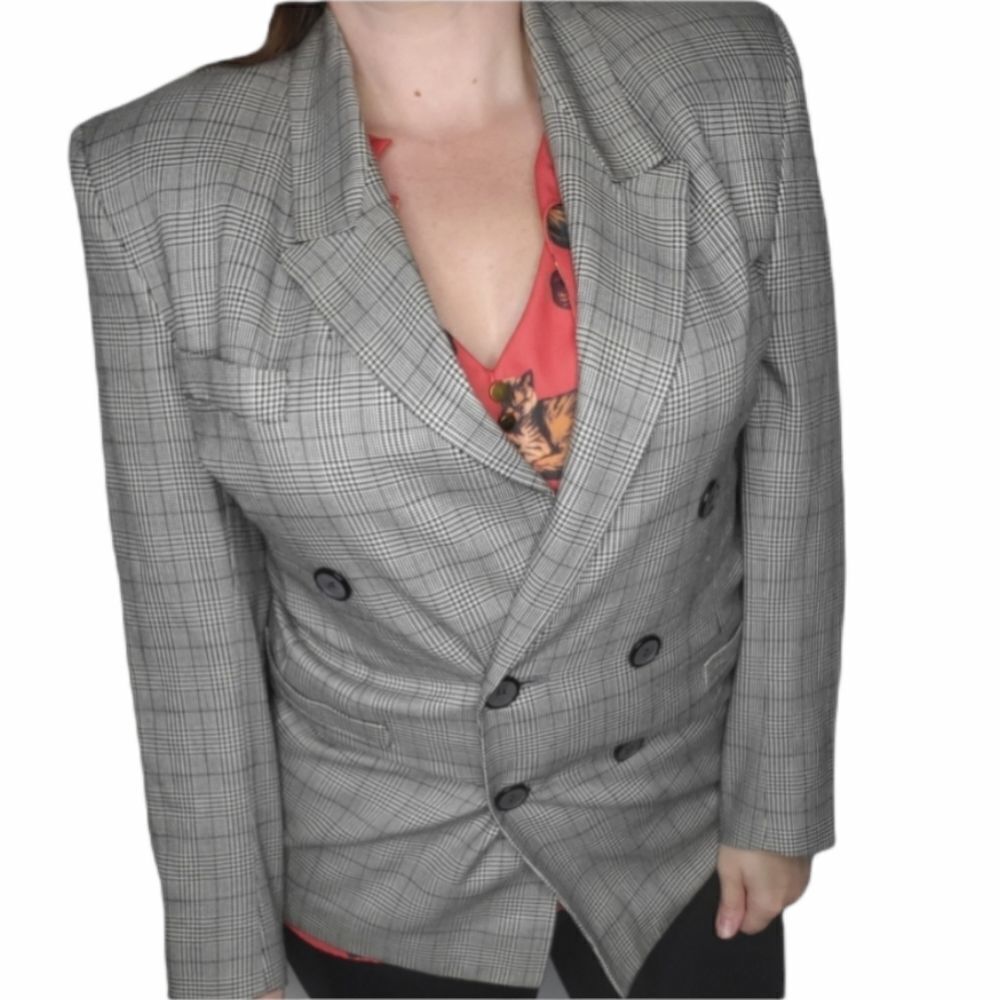 VINTAGE 90s oversized blazer black and white glen check double breasted 12/L